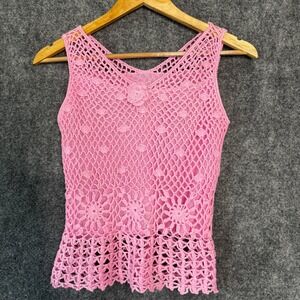Crochet Knit Tank Top Womens S Pink Peplum Ruffle Hem Flower Boho Coquette